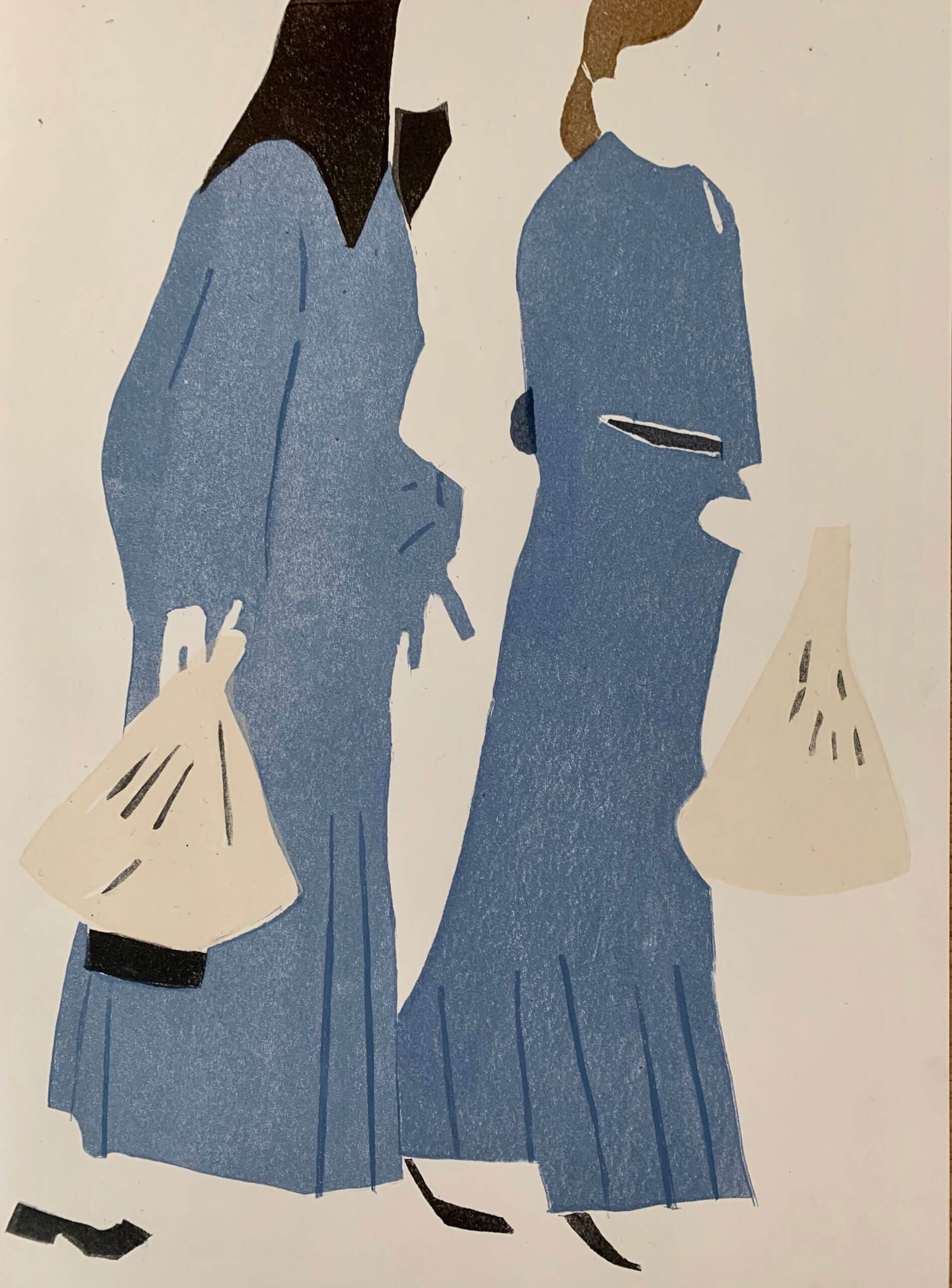 An artwork depicting women in blue dresses holding bags