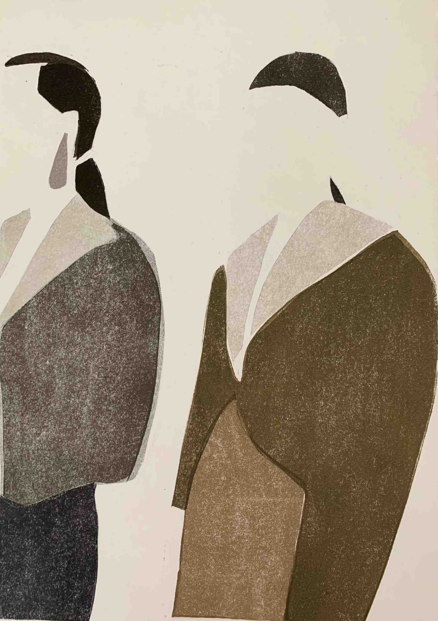 An artwork depicting two women wearing brown coats