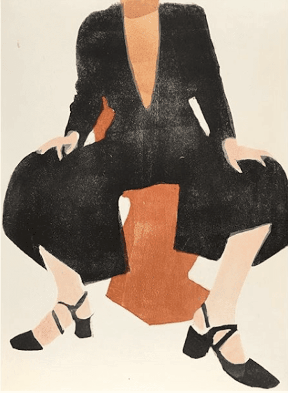 An artwork depicting a woman in a black dress and heels